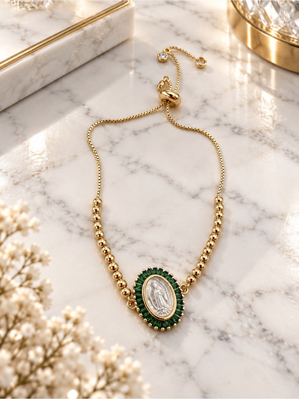Gold Filled Beaded Bracelet  with Green-Trimmed Religious Medallion